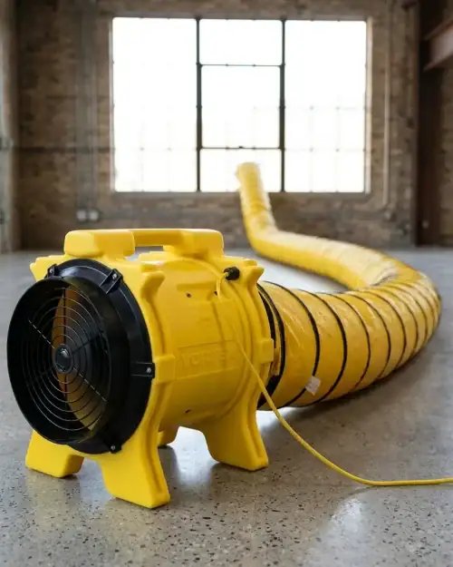 Dri-Eaz Vortex 110V axial fan with 12-inch duct hose attached