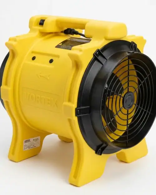 Dri-Eaz Vortex axial fan 110V hire — yellow rotomoulded unit, front view