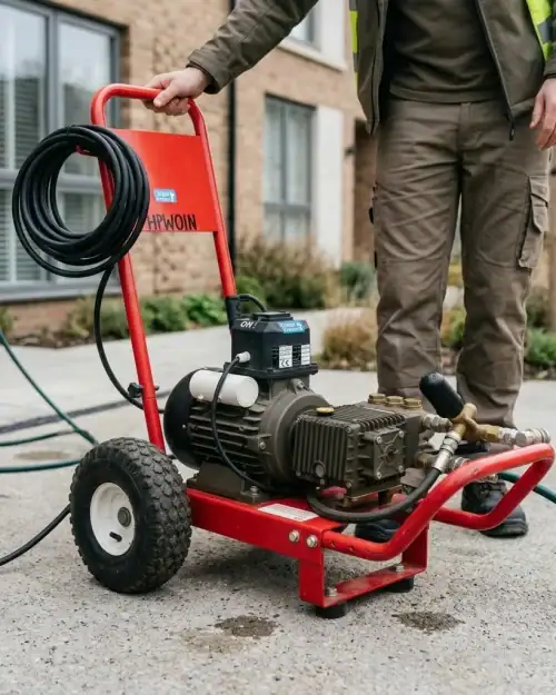 Heavy Duty Pressure Washer Hire London | 240V Cold Water 18 Trade grade cold water pressure washer hire London – Nailsea heavy duty 240V machine, front angle view