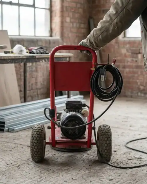 Heavy Duty Pressure Washer Hire London | 240V Cold Water 19 Nailsea heavy duty pressure washer rear view – 240V cold water hire unit with cable and trolley frame