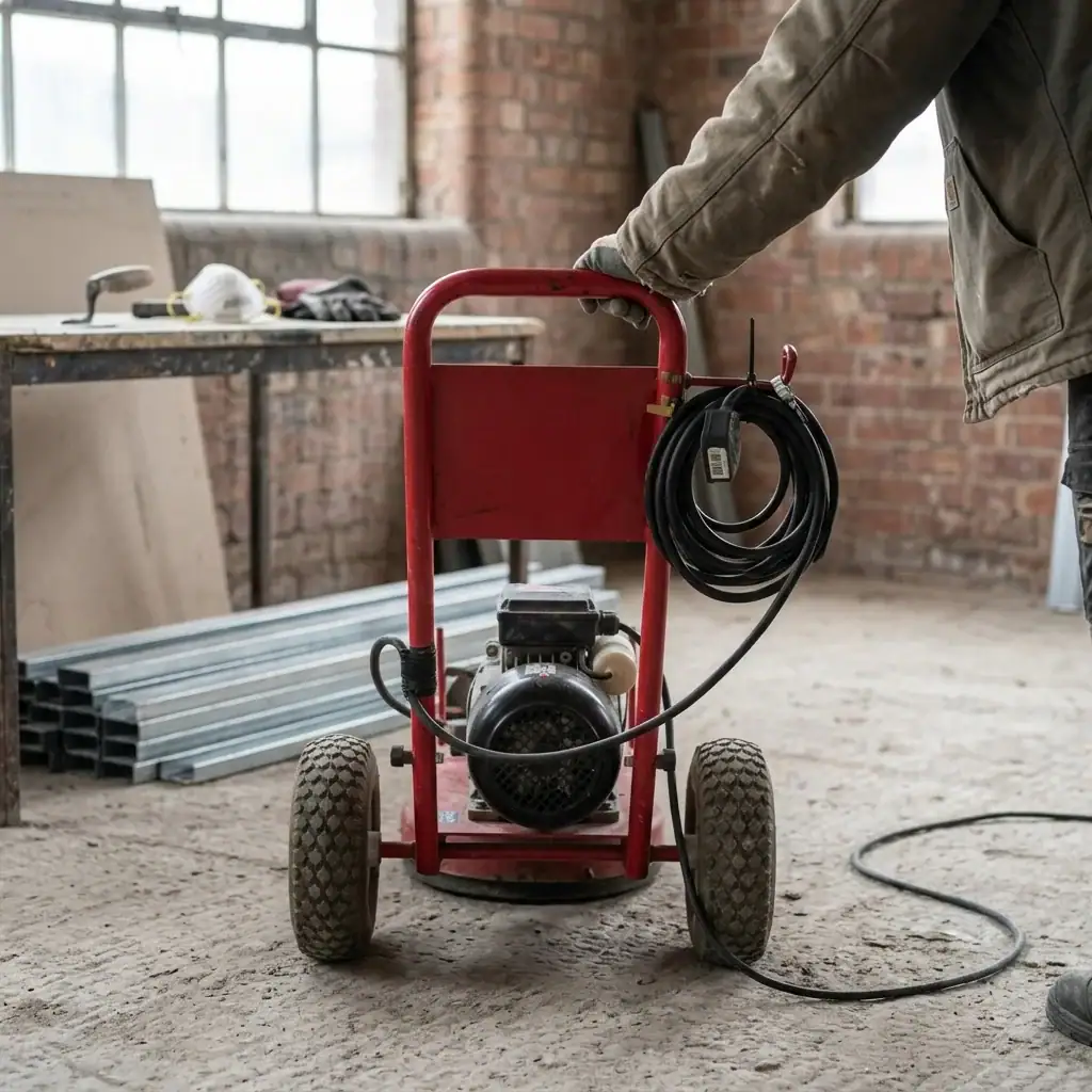 Heavy Duty Pressure Washer Hire London | 240V Cold Water 4 Nailsea heavy duty pressure washer rear view – 240V cold water hire unit with cable and trolley frame