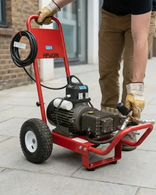 Heavy Duty Pressure Washer Hire London | 240V Cold Water 21 Italian triplex pump detail on Nailsea heavy duty 240V pressure washer for hire