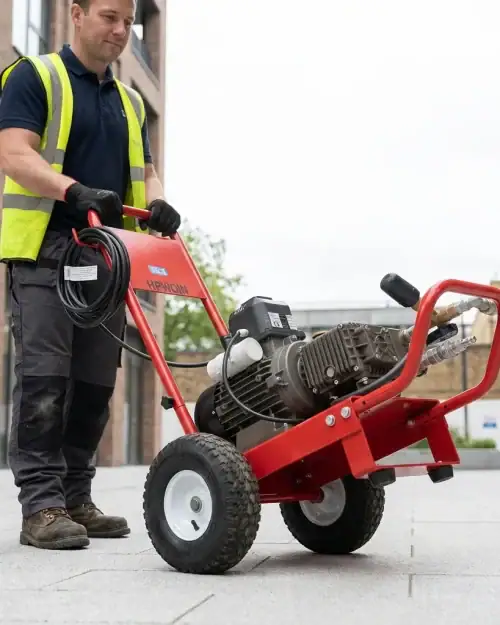 Heavy Duty Pressure Washer Hire London | 240V Cold Water 22 Heavy duty pressure washer hire London – operator moving Nailsea 240V cold water machine