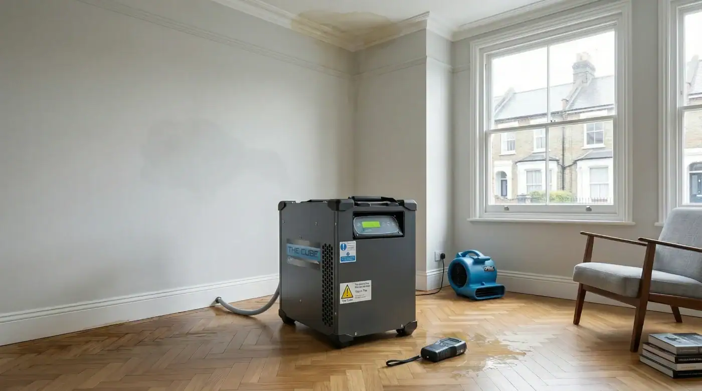 How to dry a room after a leak using professional drying equipment in a London home