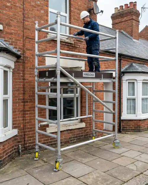 Trade folding scaffold tower hire set up on site for rapid one-person access