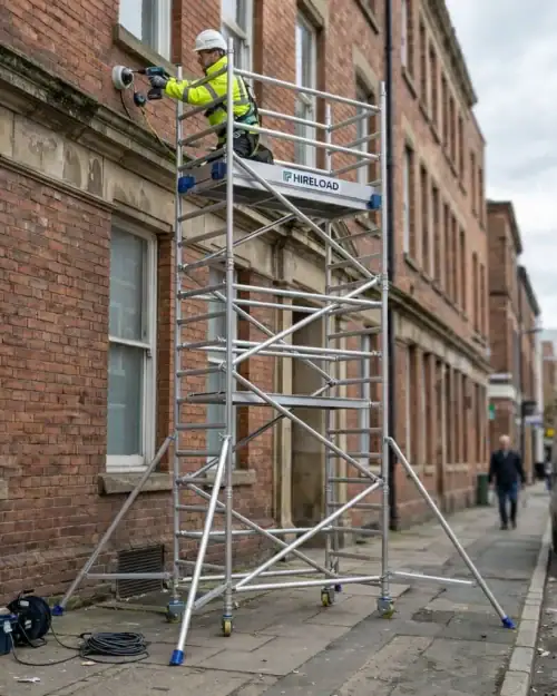 Twin-Access scaffold tower hire main product view with dual ladder frames and working platform