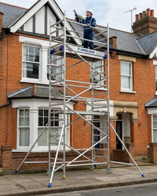 Twin-Access scaffold tower hire side elevation showing double access ladders and stabilisers