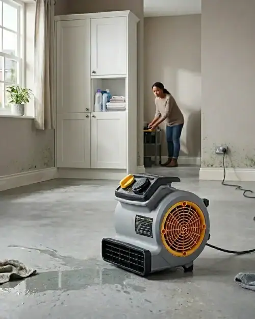 Vacmaster AM1202 air mover positioned on a construction site floor for drying