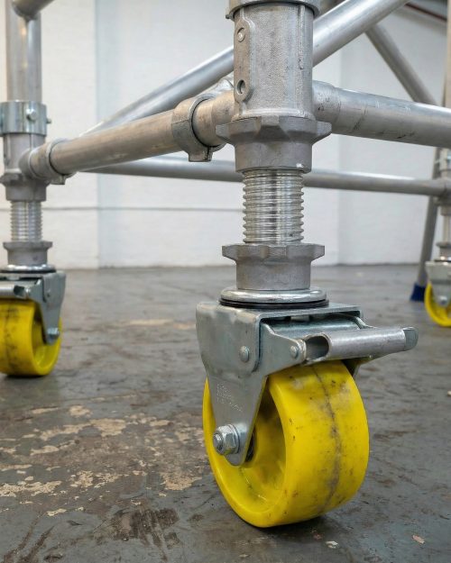 Industrial Scaffold Tower Hire (Single 0.85cm×1.8m) 9 Close-up of scaffold tower lockable castor wheels and galvanised steel base frame joints