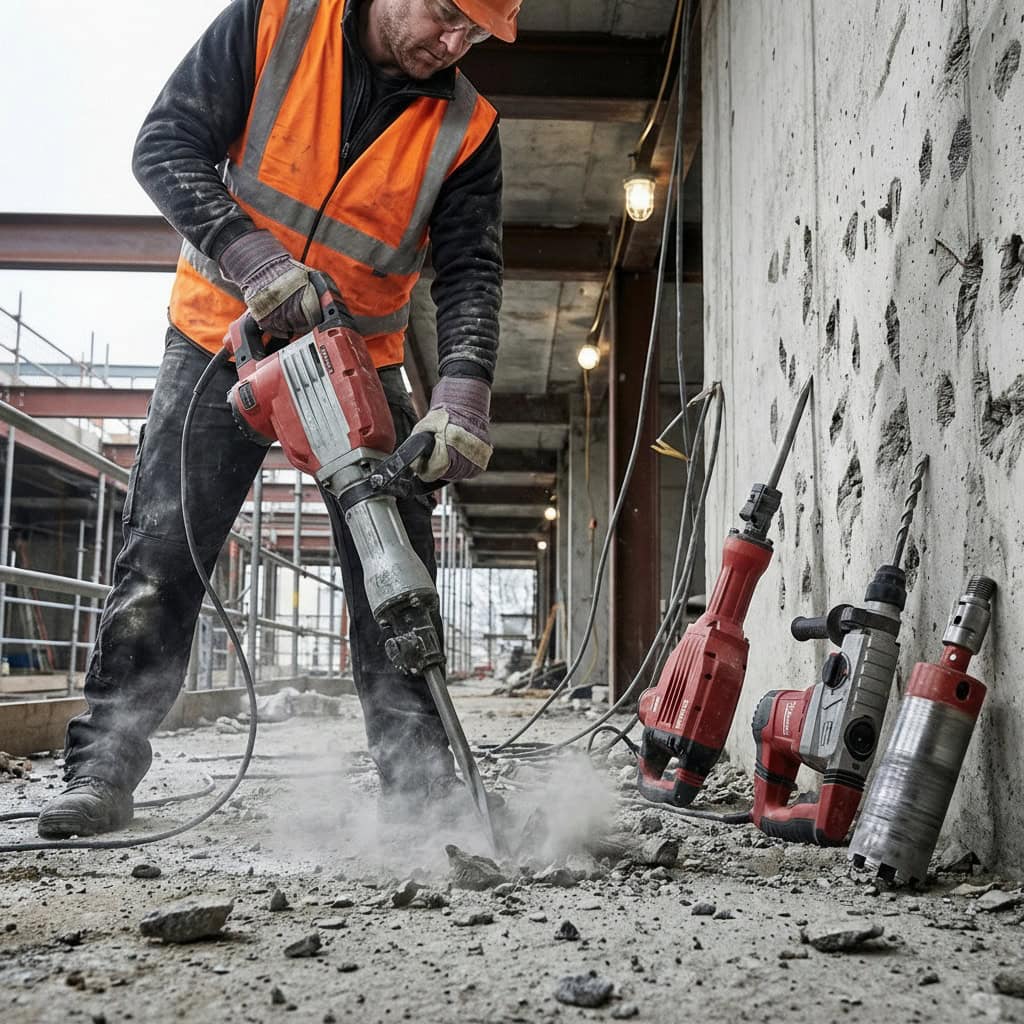 Construction worker using heavy-duty electric breaker to drill concrete on an active building site, with professional breaking and drilling equipment from Hireload.