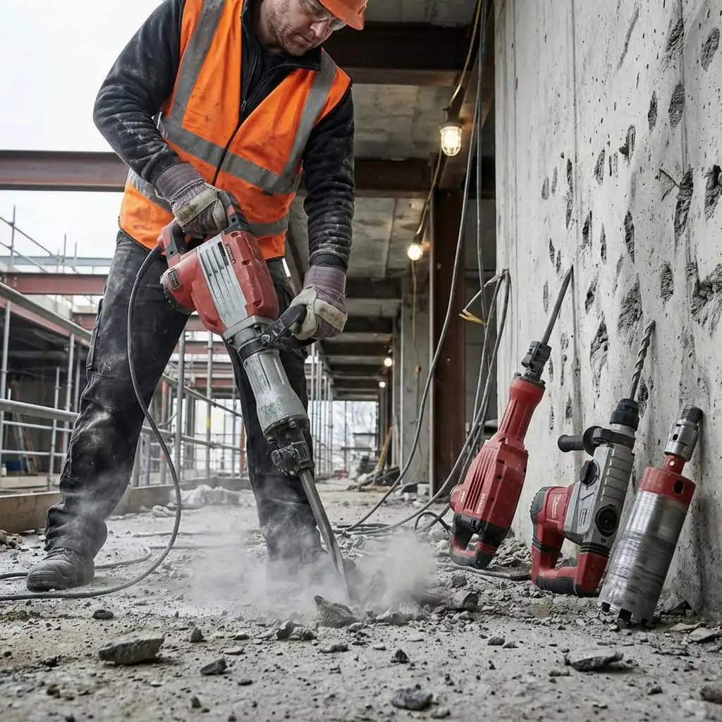Construction worker using heavy-duty electric breaker to drill concrete on an active building site, with professional breaking and drilling equipment from Hireload.