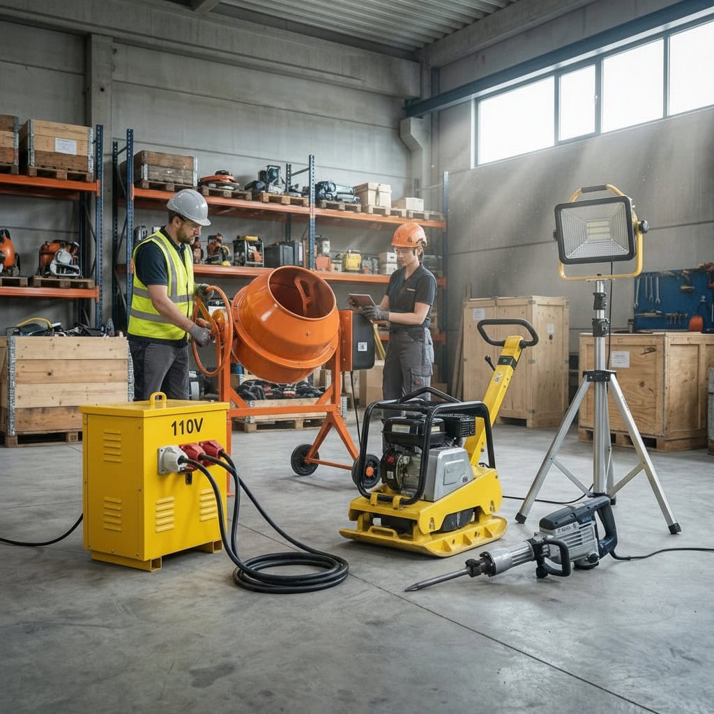 Essential general site tools including 110V transformer, site lighting, concrete mixer and compactor set up on a professional construction site. - Shop