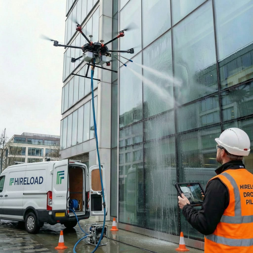 Hireload drone performing commercial glass façade cleaning on a modern office building in London, connected to a ground-based water system and operated by a certified drone pilot. - Contact Us