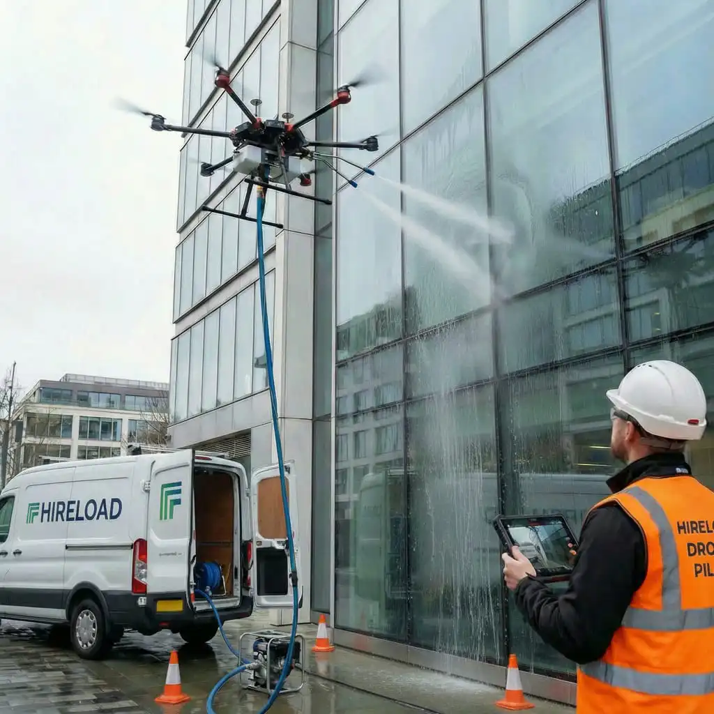 Hireload drone performing commercial glass façade cleaning on a modern office building in London, connected to a ground-based water system and operated by a certified drone pilot. - Contact Us