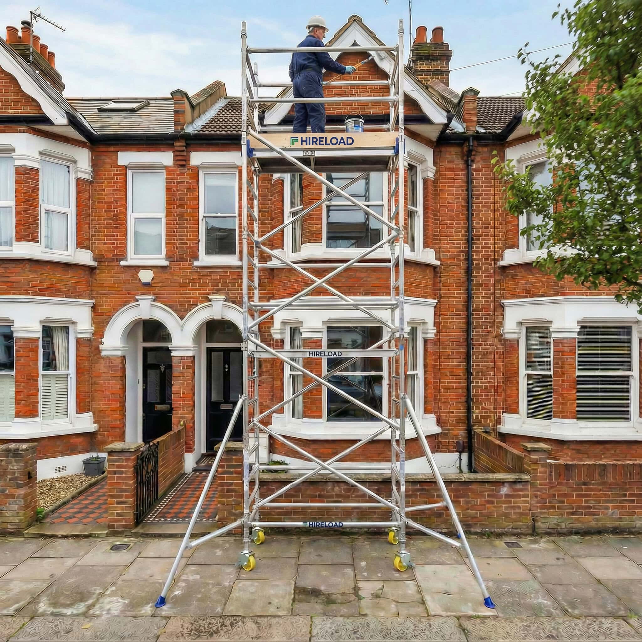 Industrial Scaffold Tower Hire (Single 0.85cm×1.8m) 3 Industrial scaffold tower set up outside a London terraced house for safe working at height
