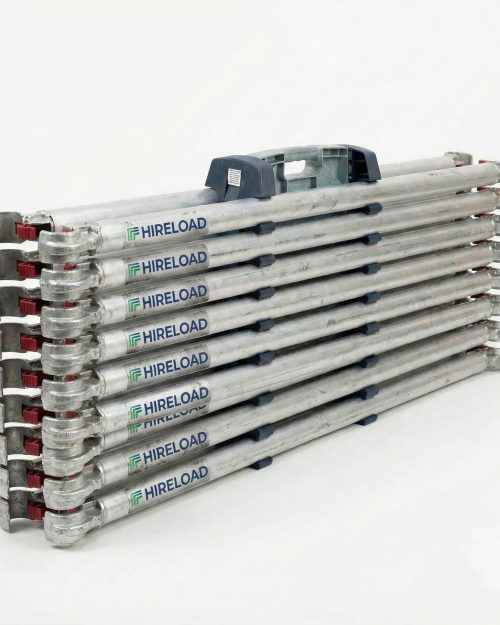 Industrial Scaffold Tower Hire (Single 0.85cm×1.8m) 11 Stacked galvanised scaffold tower braces and cross-members branded with Hireload ready for hire delivery