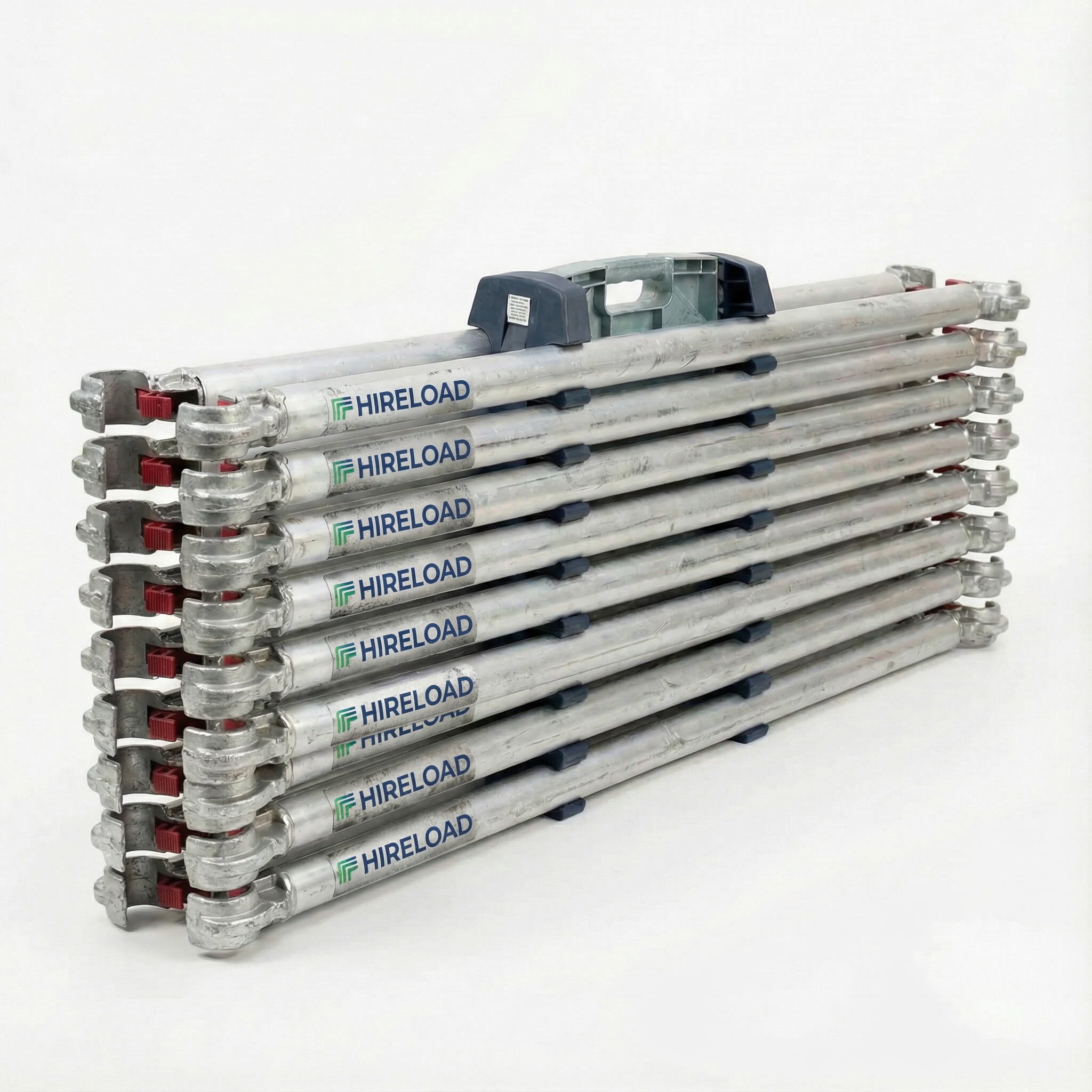 Industrial Scaffold Tower Hire (Single 0.85cm×1.8m) 6 Stacked galvanised scaffold tower braces and cross-members branded with Hireload ready for hire delivery