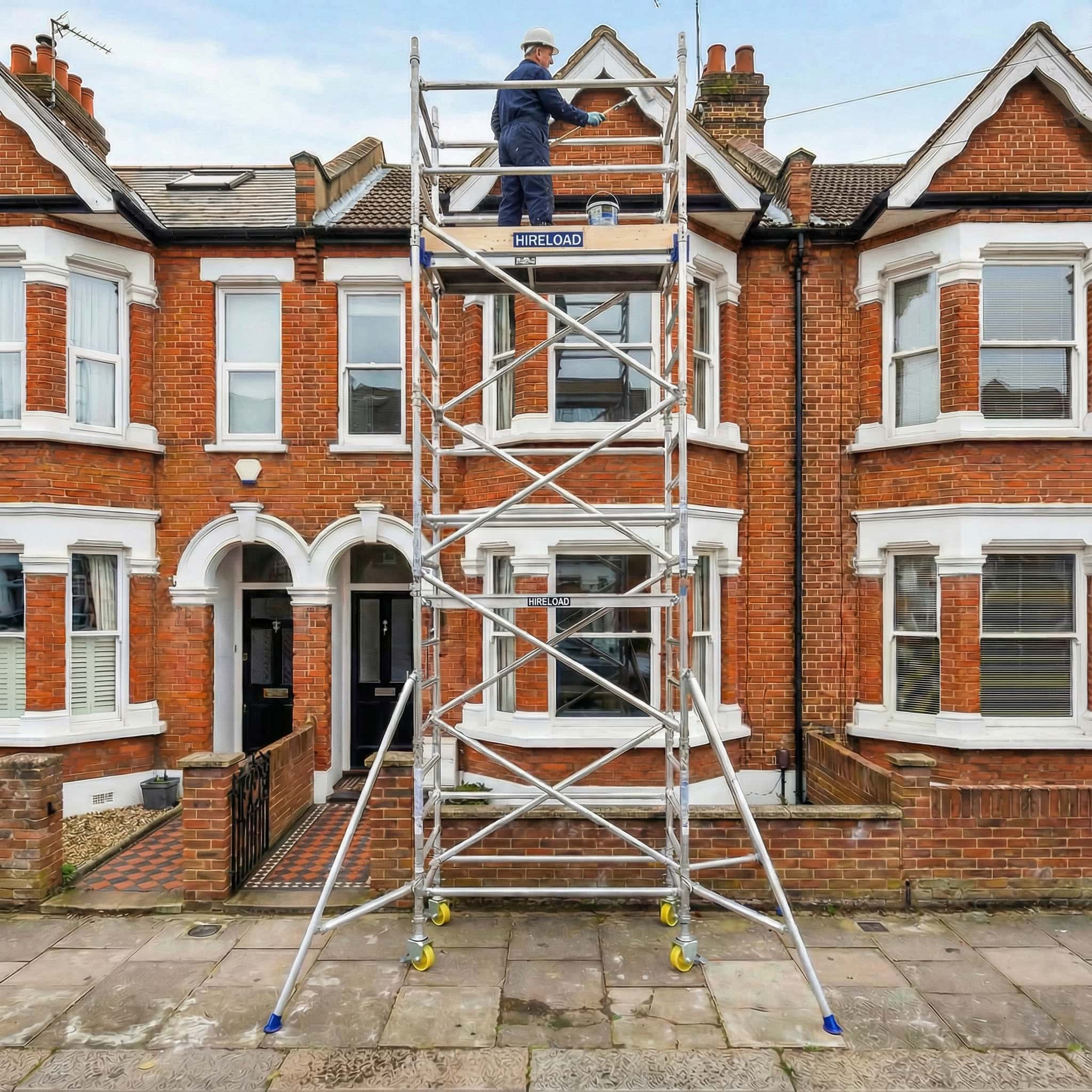 Industrial Scaffold Tower Hire (Single 0.85cm×1.8m) 1 Worker on a two-storey industrial scaffold tower positioned against a residential building for exterior access