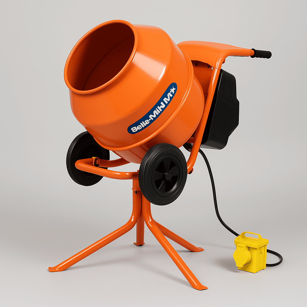 Concrete Mixer Hire London | 4/3 Cement Electric Mixer (110V or 240V) 2 Belle Minimix 150 electric cement mixer in use on a busy construction site
