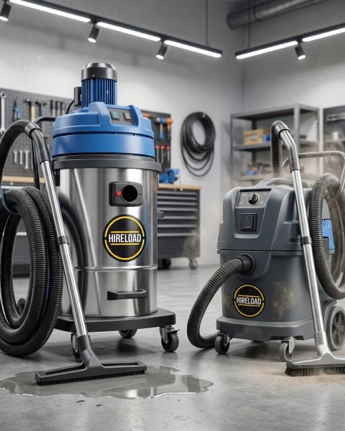 Wet & Dry Industrial Vacuum Hire London | Site Water Vac and Dust Extractor 7 Wet and dry industrial vacuum hire London blue site vac with Hireload branding in workshop