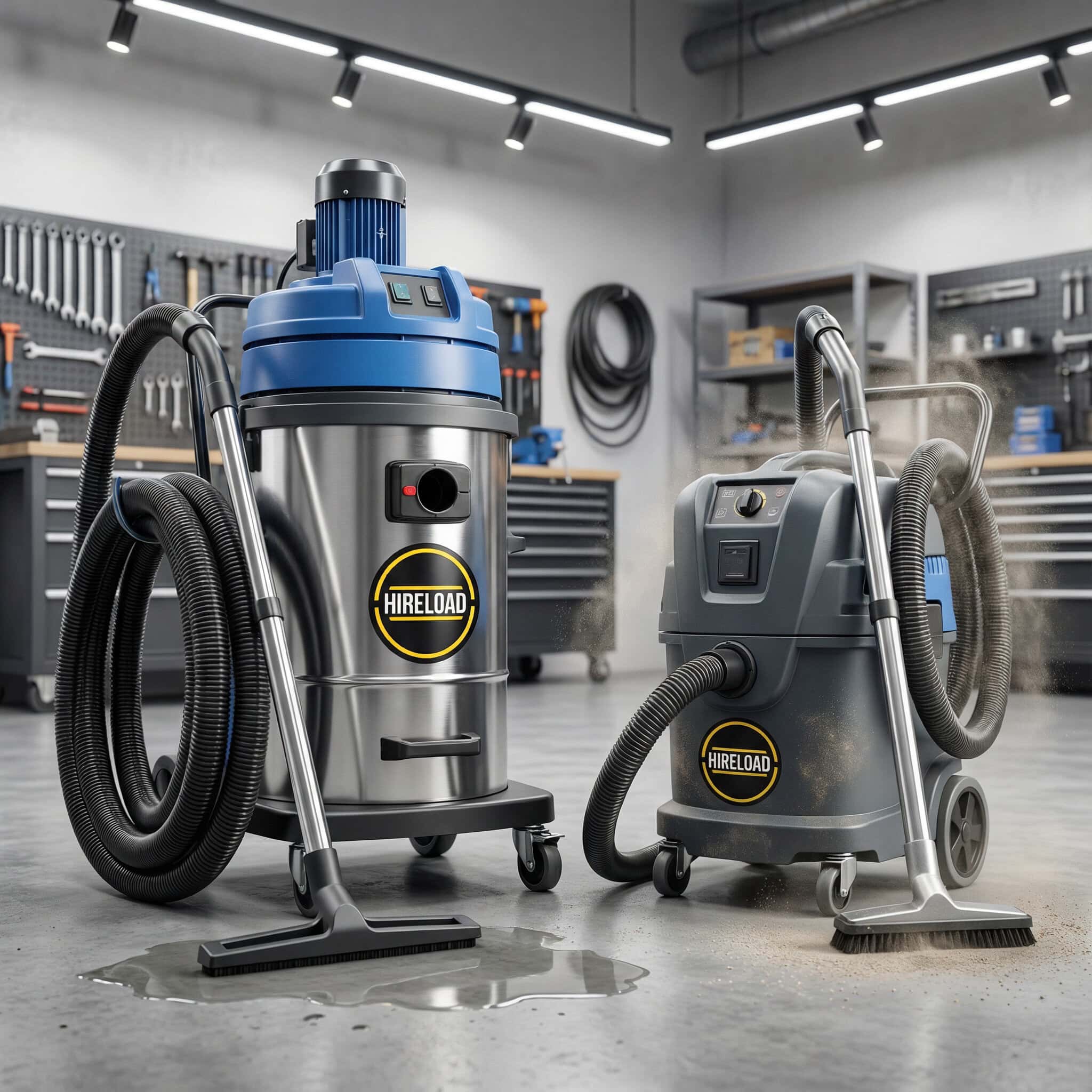Wet & Dry Industrial Vacuum Hire London | Site Water Vac and Dust Extractor 4 Wet and dry industrial vacuum hire London blue site vac with Hireload branding in workshop