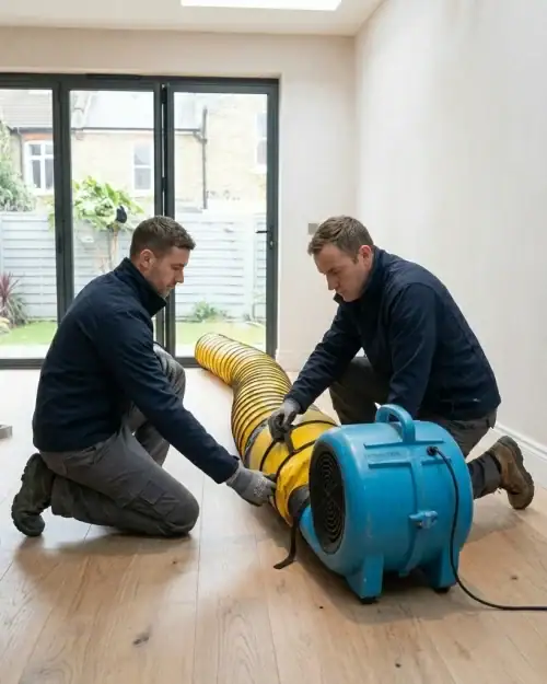 Air mover hire London – two operatives setting up ducting hose with air mover on residential floor