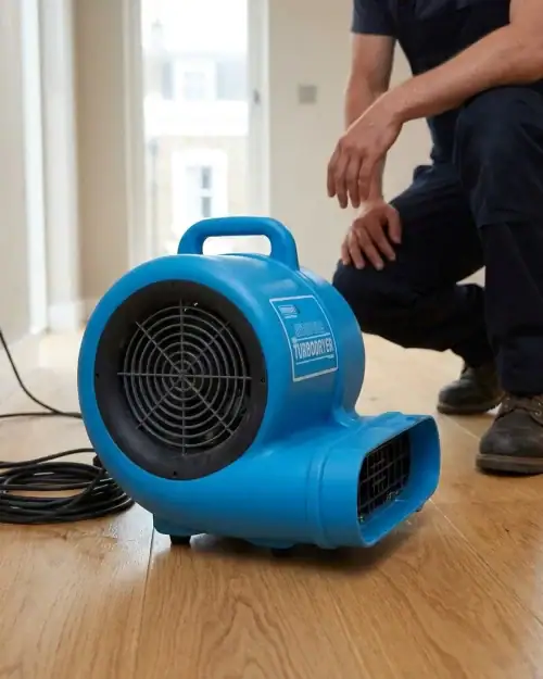 Air mover hire London – air mover unit on hardwood floor plugged into mains wall socket