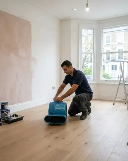 Air mover hire London – operative positioning air mover on floor of freshly plastered Victorian terrace room