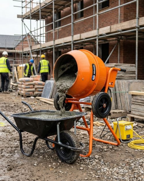 Concrete Mixer Hire London | 4/3 Cement Electric Mixer (110V or 240V) 5 Belle Minimix 150 electric cement mixer pouring concrete into a wheelbarrow on a UK construction site