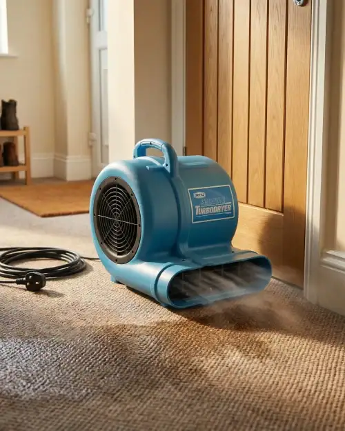 Carpet dryer hire London – air mover blowing air across wet hallway carpet after cleaning or flood damage