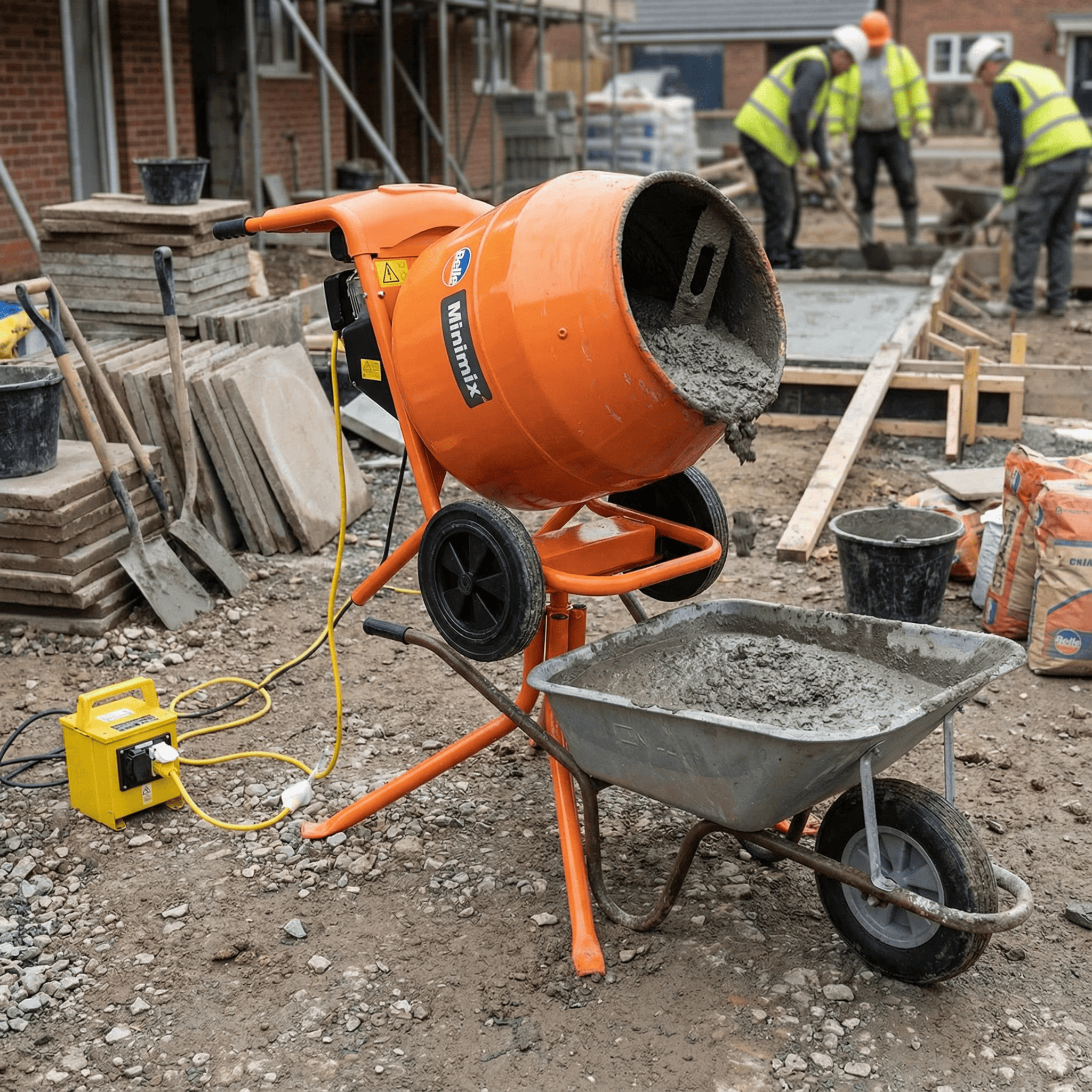 Concrete Mixer Hire London | 4/3 Cement Electric Mixer (110V or 240V) 1 Compact Belle Minimix 150 electric cement mixer 90L with 110V transformer on studio background - Concrete Mixer Hire London