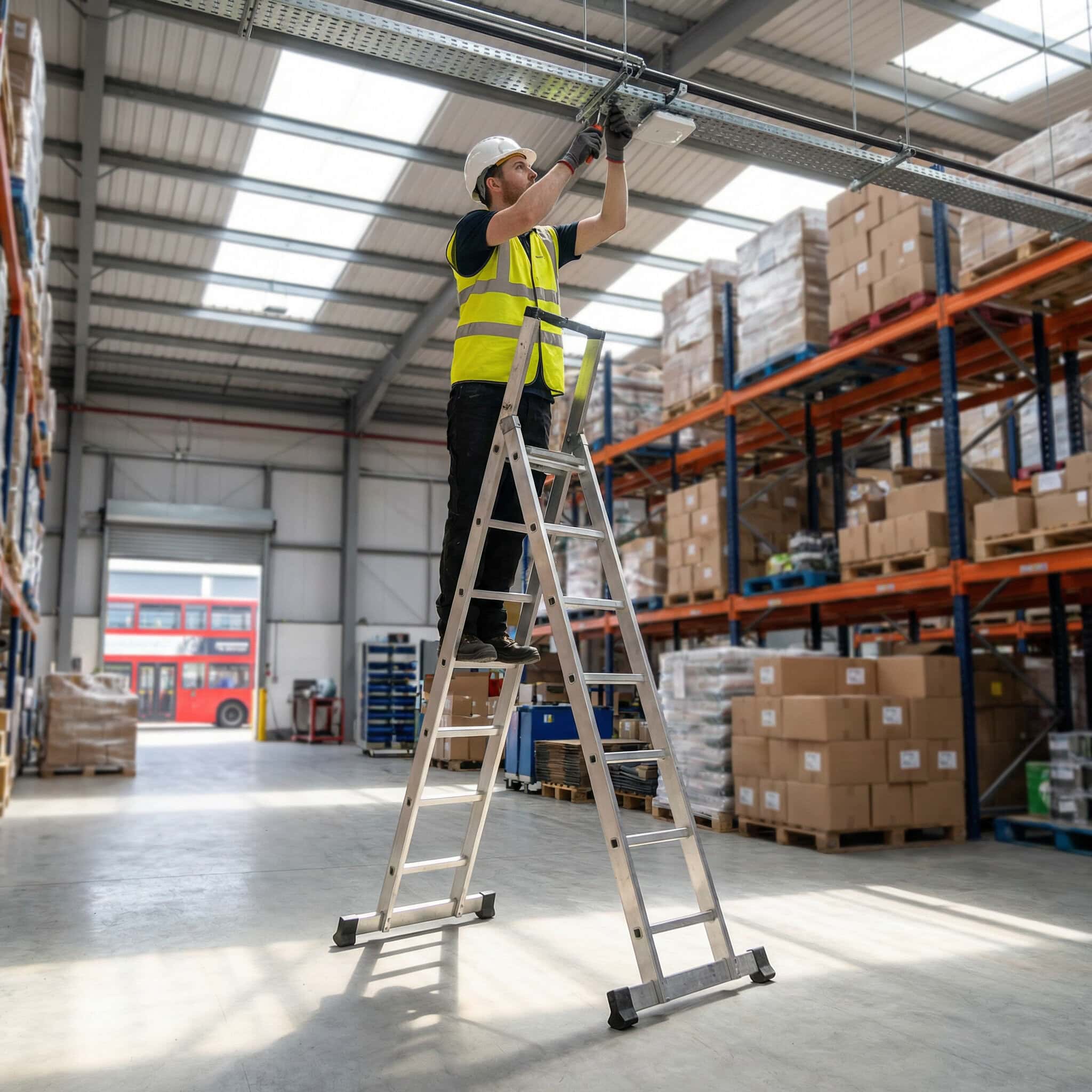 Double heavy duty ladder used inside a warehouse for installation and maintenance tasks. - Double Extension Ladder Hire London with Hireload.