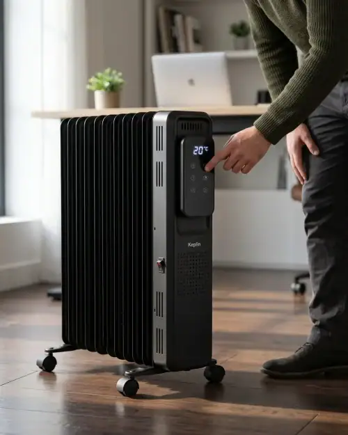 Electric Heater Hire London | 3kW Oil Filled Radiator (Silent Indoor Heating) 12 Energy efficient 3kW oil filled radiator hire with digital display showing temperature control settings