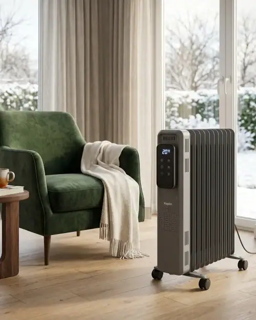 Electric Heater Hire London | 3kW Oil Filled Radiator (Silent Indoor Heating) 14 Black oil filled radiator providing silent indoor heating next to armchair in a cosy London living room