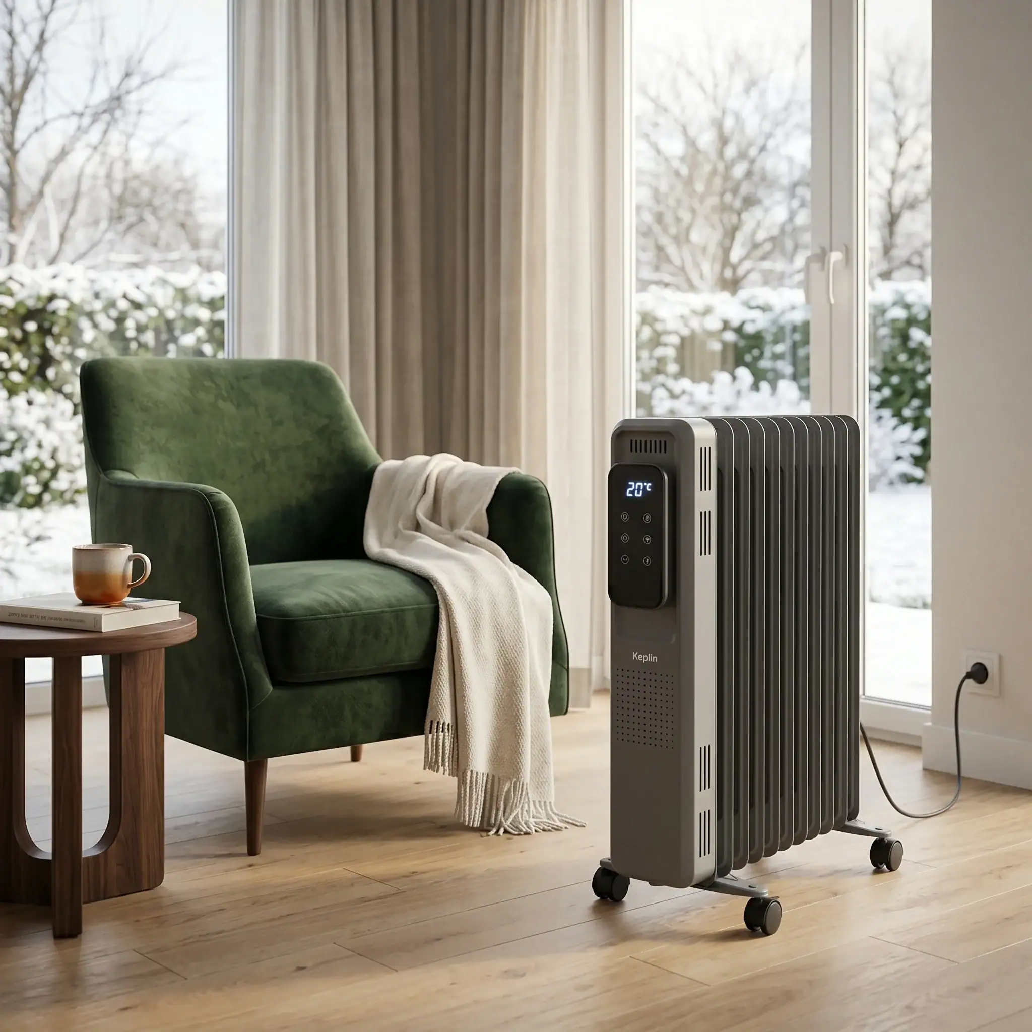 Electric Heater Hire London | 3kW Oil Filled Radiator (Silent Indoor Heating) 6 Black oil filled radiator providing silent indoor heating next to armchair in a cosy London living room