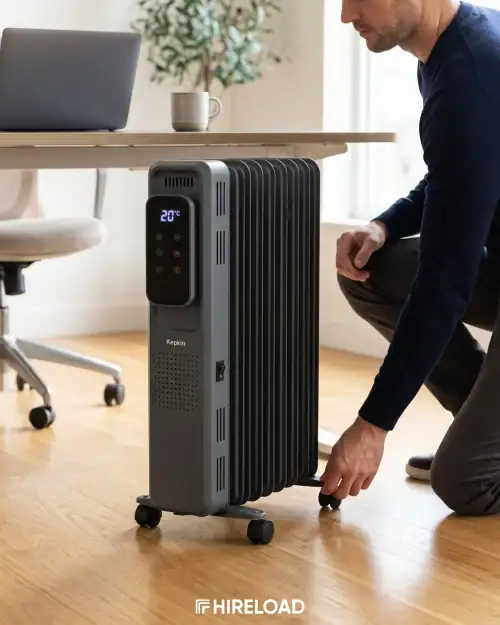 Electric Heater Hire London | 3kW Oil Filled Radiator (Silent Indoor Heating) 15 Portable oil filled radiator hire placed beside a desk for quiet office heating while working