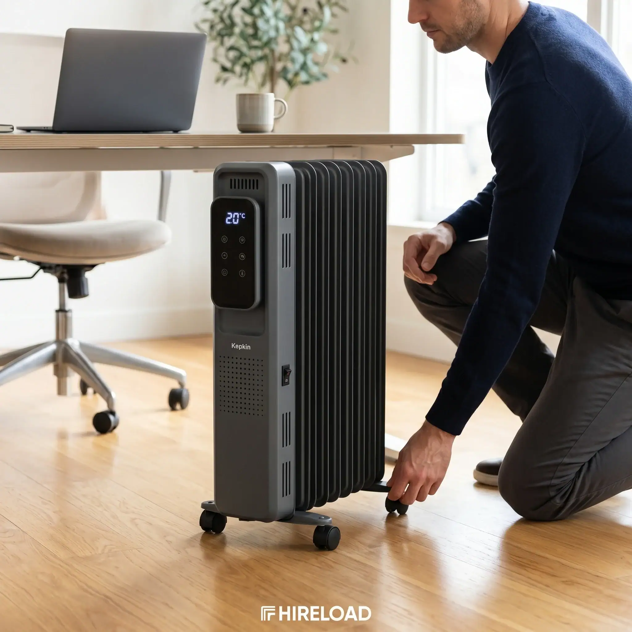 Electric Heater Hire London | 3kW Oil Filled Radiator (Silent Indoor Heating) 7 Portable oil filled radiator hire placed beside a desk for quiet office heating while working