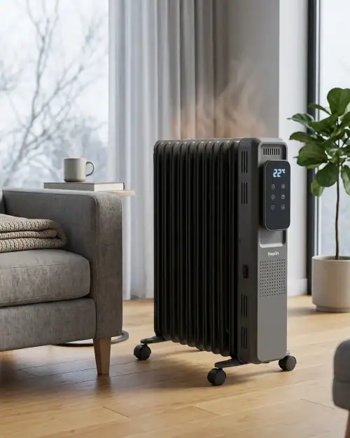 Electric Heater Hire London | 3kW Oil Filled Radiator (Silent Indoor Heating) 17 Oil filled radiator set to 22 degrees beside a sofa for comfortable winter indoor heating hire