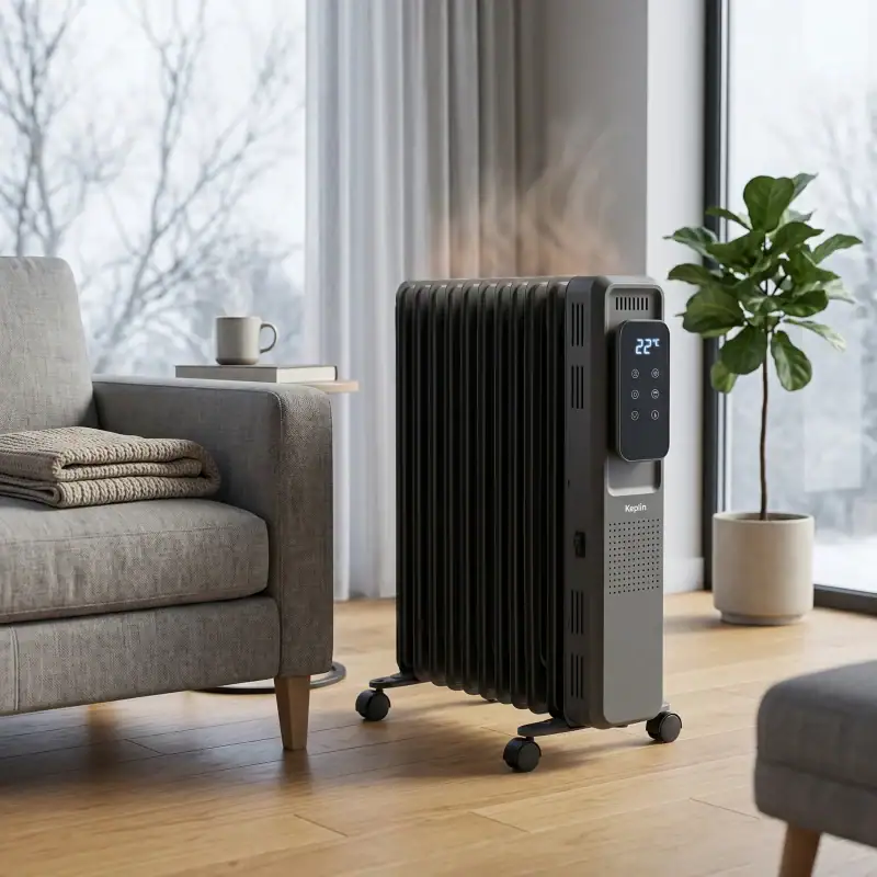 What Size Heater Do I Need for a Site, Workshop, or Warehouse? 28 Oil filled radiator set to 22 degrees beside a sofa for comfortable winter indoor heating hire