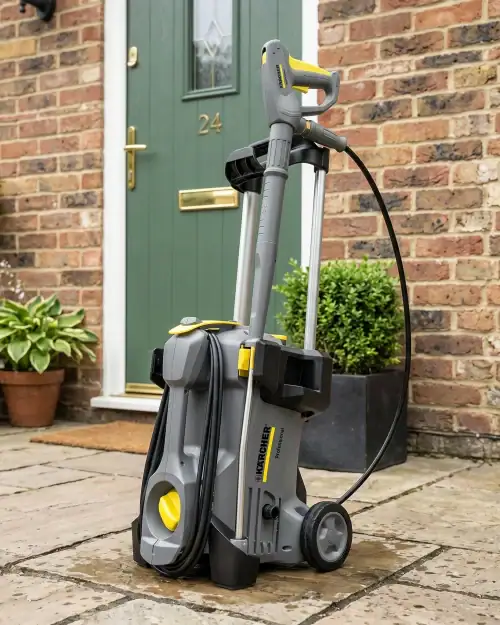 Karcher electric pressure washer with lance positioned outside a front door ready for patio cleaning