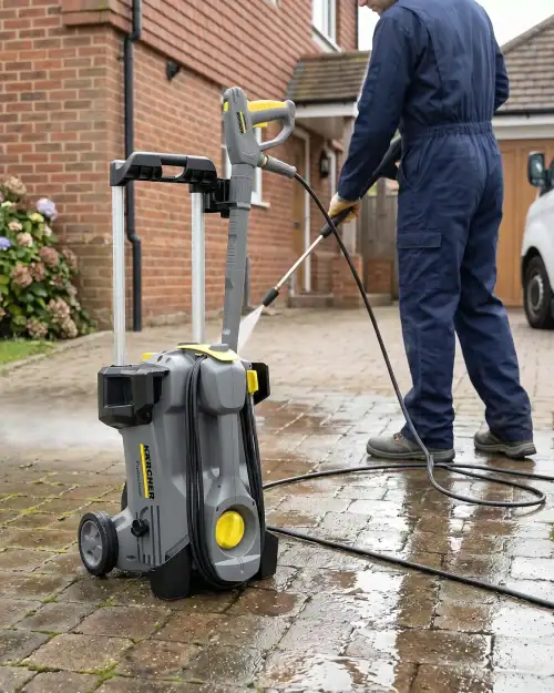 Professional worker in overalls using electric pressure washer for driveway jet washing on a job site