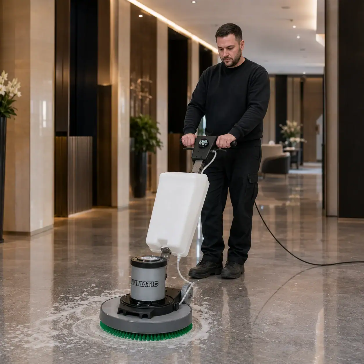Rotary Floor Scrubber and Buffer Hire London | 240V Floor Polisher (RCD Included) 9 Hireload rotary floor scrubber hire being used on commercial carpet in a London office building.
