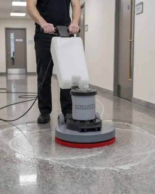 Rotary Floor Scrubber and Buffer Hire London | 240V Floor Polisher (RCD Included) 21 Hireload rotary floor scrubber hire being used on commercial carpet in a London office building.