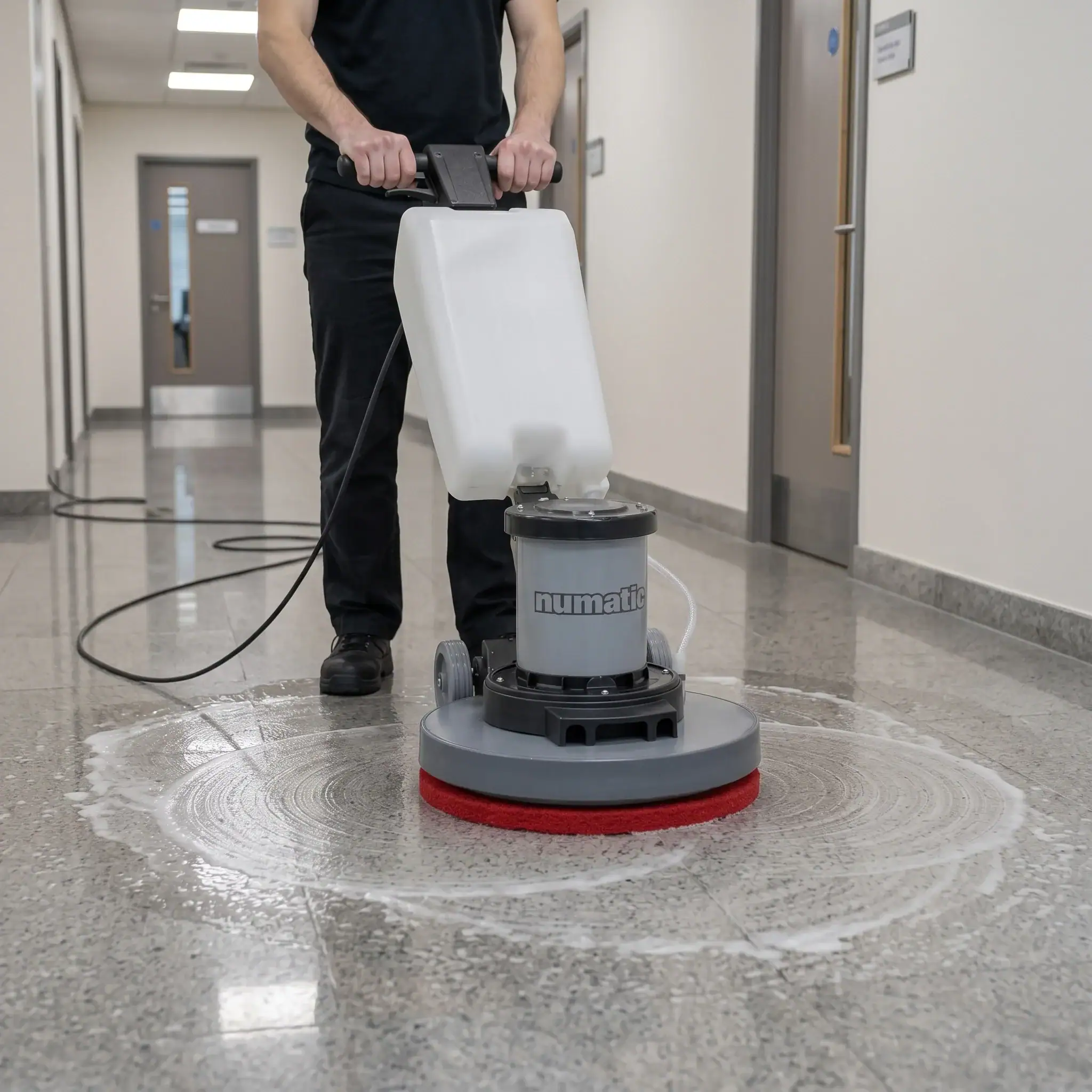 Rotary Floor Scrubber and Buffer Hire London | 240V Floor Polisher (RCD Included) 7 Hireload rotary floor scrubber hire being used on commercial carpet in a London office building.