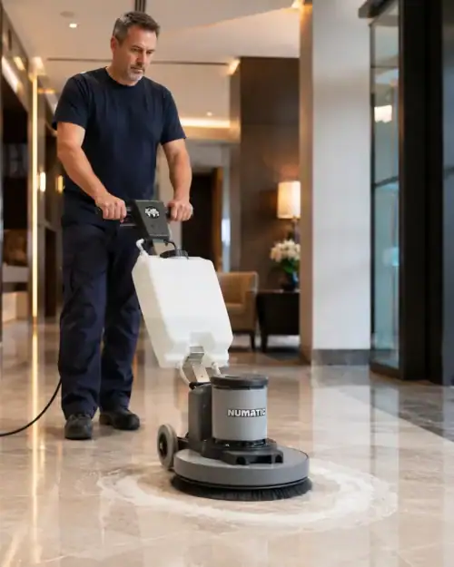 Rotary Floor Scrubber and Buffer Hire London | 240V Floor Polisher (RCD Included) 20 Hireload rotary floor scrubber hire being used on commercial carpet in a London office building.
