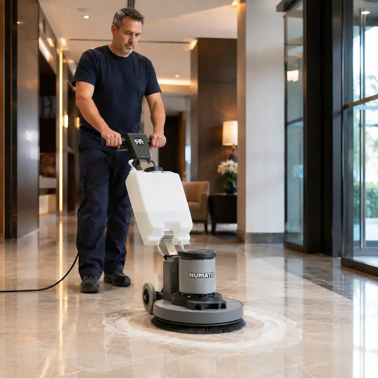 Rotary Floor Scrubber and Buffer Hire London | 240V Floor Polisher (RCD Included) 6 Hireload rotary floor scrubber hire being used on commercial carpet in a London office building.