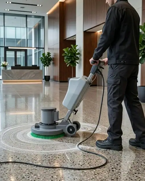 Rotary Floor Scrubber and Buffer Hire London | 240V Floor Polisher (RCD Included) 22 Hireload rotary floor scrubber hire being used on commercial carpet in a London office building.