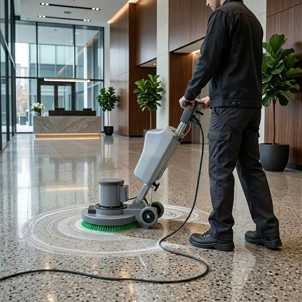 Rotary Floor Scrubber and Buffer Hire London | 240V Floor Polisher (RCD Included) 8 Hireload rotary floor scrubber hire being used on commercial carpet in a London office building.