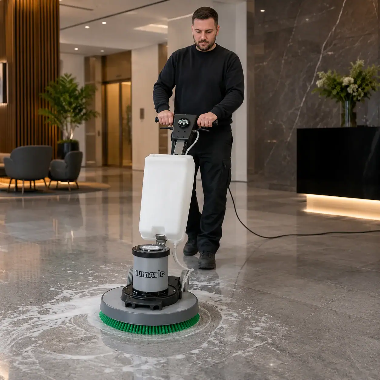 Rotary Floor Scrubber and Buffer Hire London | 240V Floor Polisher (RCD Included) 10 Hireload rotary floor scrubber hire being used on commercial carpet in a London office building.