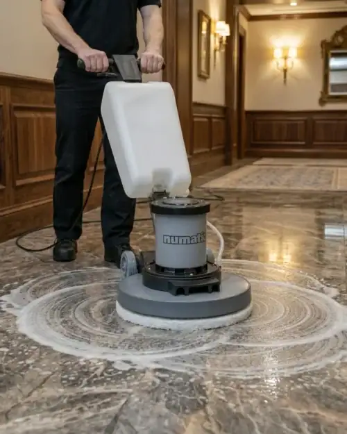 Rotary Floor Scrubber and Buffer Hire London | 240V Floor Polisher (RCD Included) 25 Hireload rotary floor scrubber hire being used on commercial carpet in a London office building.